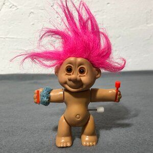 Vintage Troll doll toy Wind Up Neon Pink hair workout 90s